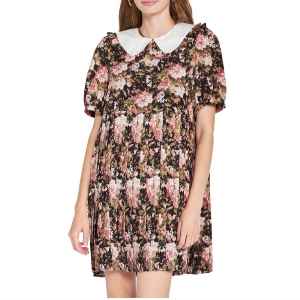 En Saison Black Floral Mini Dress with White Collar